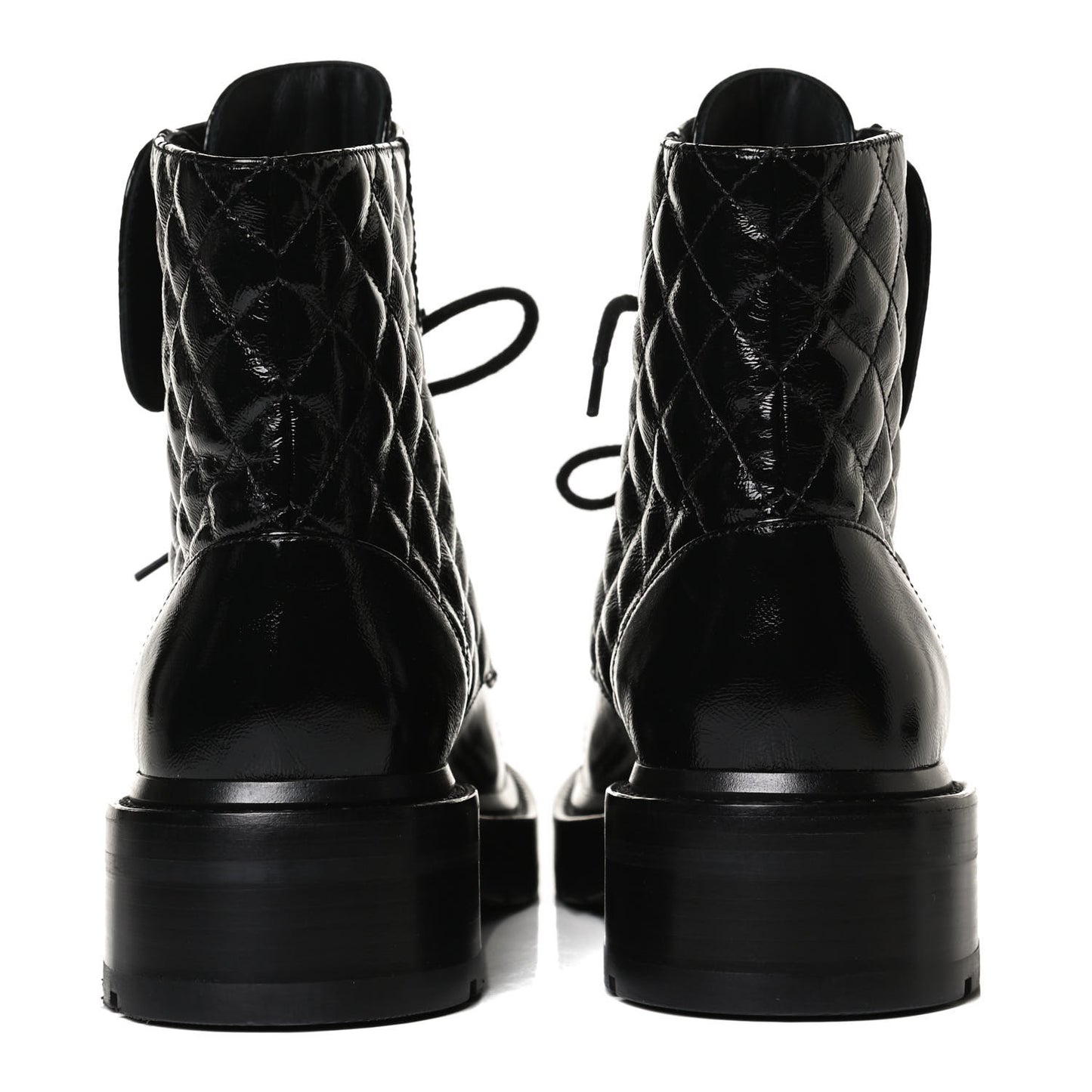 Shiny Calfskin Quilted Lace Up Combat Boots 38.5 Black
