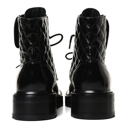 Chanel Shiny Calfskin Quilted Lace Up Combat Boots 38.5 Black 6 of 14