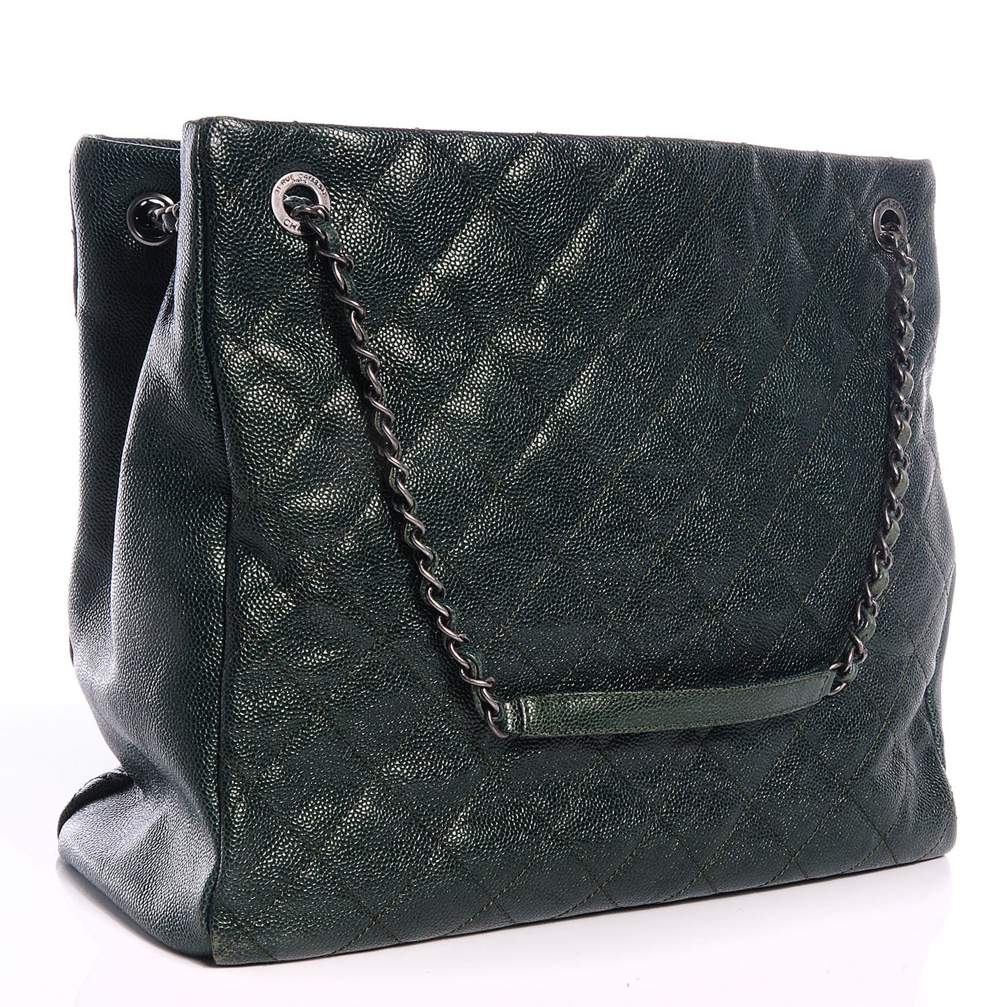 Iridescent Caviar Quilted Tall Chic Shopping Tote Dark Green