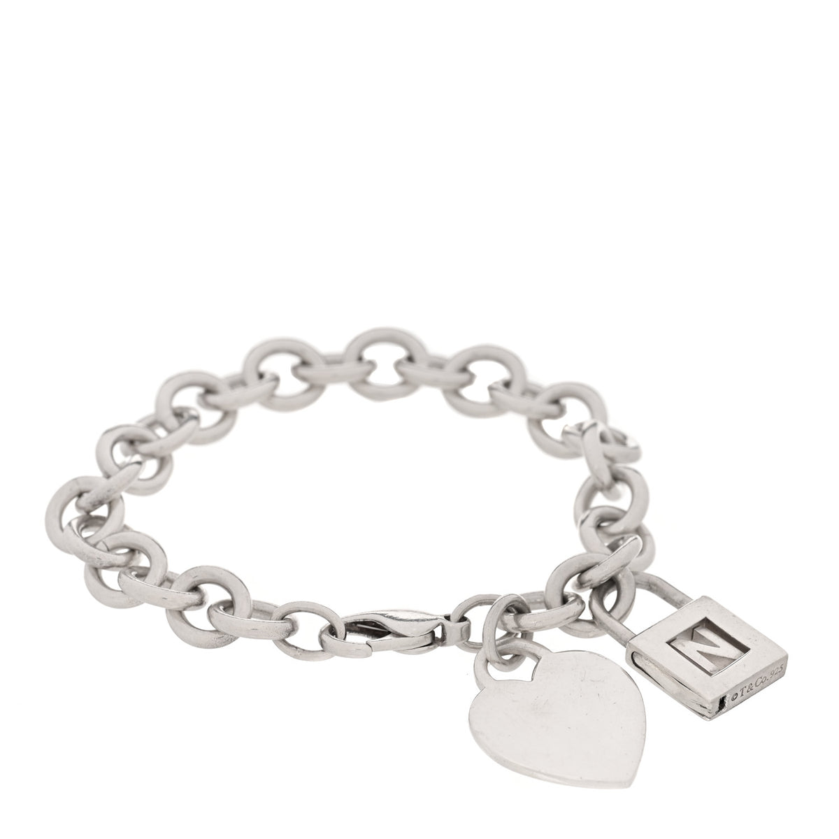 Sterling Silver Heart N Lock Heart Tag Charm Bracelet