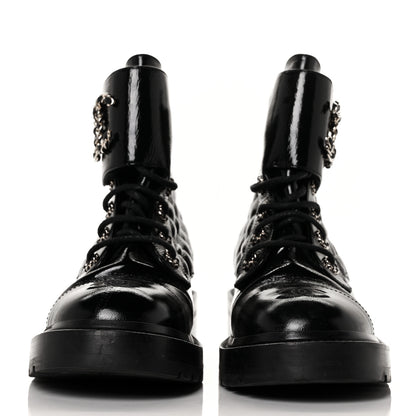 Chanel Shiny Calfskin Quilted Lace Up Combat Boots 38 Black 2 of 5