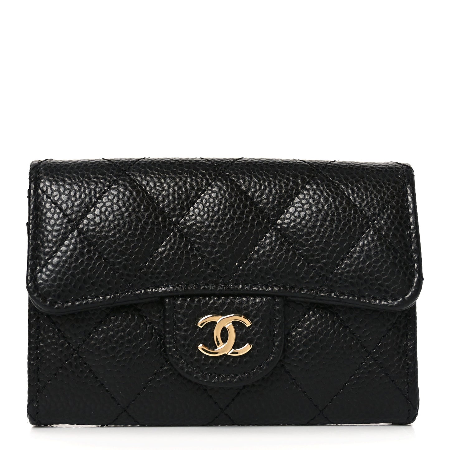Caviar Quilted Flap Card Holder Wallet Black