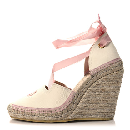 Gucci Canvas Grossgrain Embroidered Judit Ankle Wrap Platform 35/120mm Espadrille Wedges 38 White Shell 1 of 7