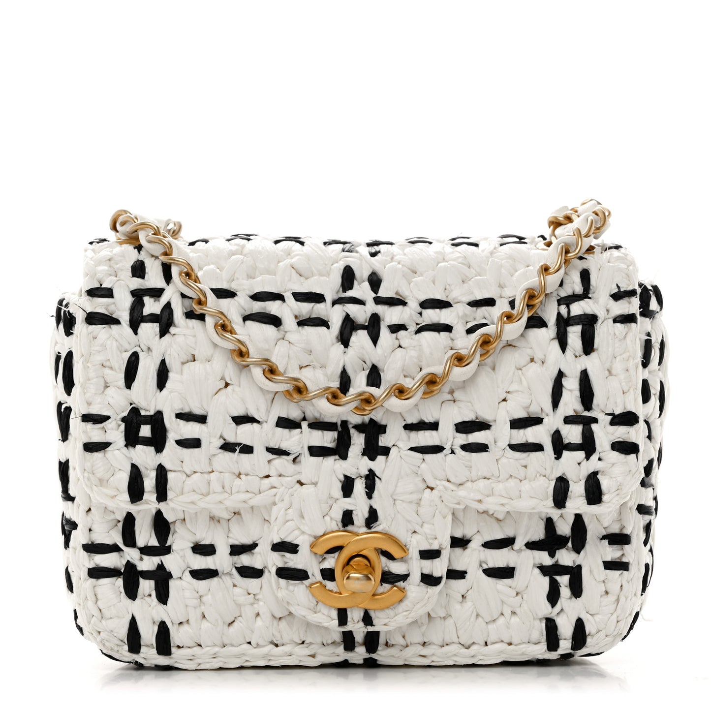 Raffia Effect Tweedy Mini Flap Bag White Black
