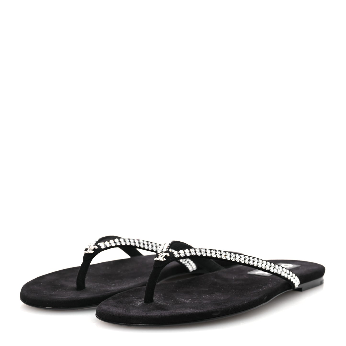 Suede Kidskin Strass CC Thong Sandals 36.5 Black 38.5 Black