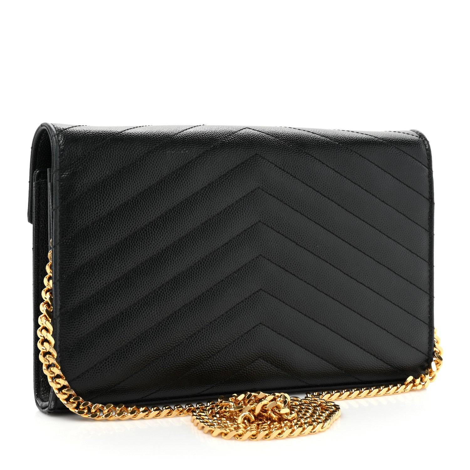 Saint Laurent Grain De Poudre Matelasse Chevron Monogram Chain Wallet Black 3 of 17