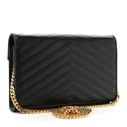 Saint Laurent Grain De Poudre Matelasse Chevron Monogram Chain Wallet Black 3 of 17