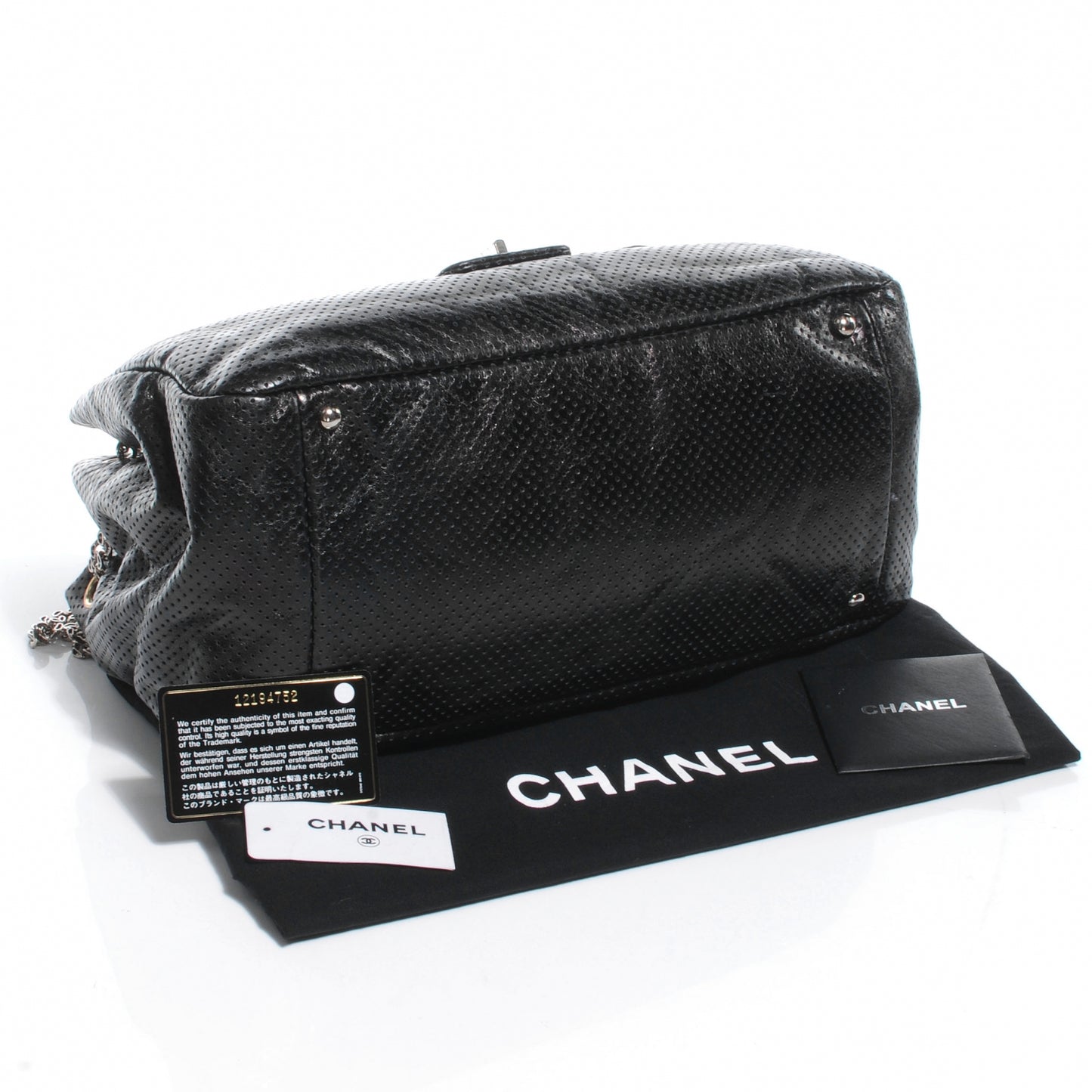 Metallic Calfskin Perforated Large Drill Accordion Flap Black