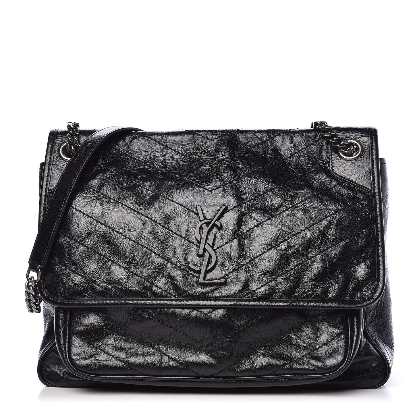 Crinkled Calfskin Matelasse Monogram Large Niki Chain Satchel Black