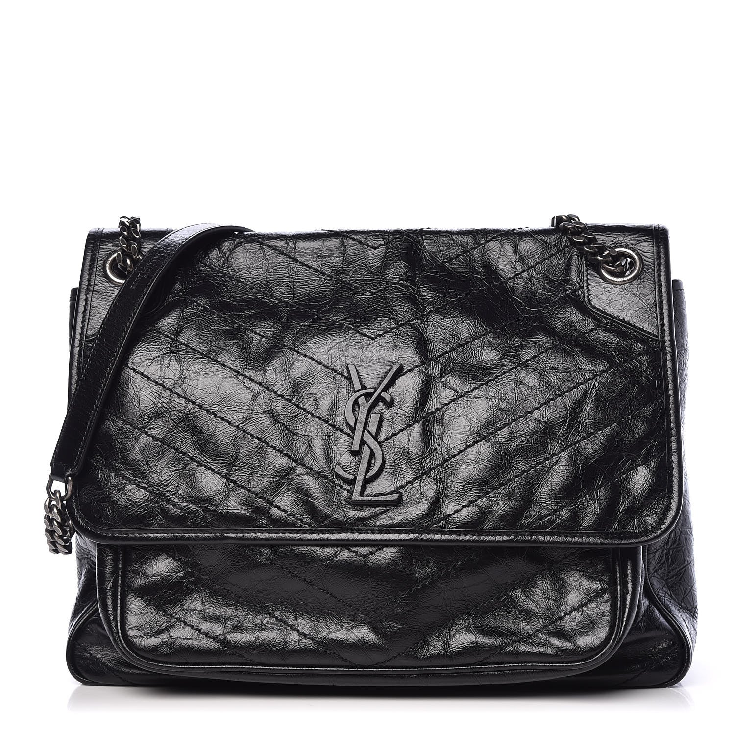 Saint Laurent Crinkled Calfskin Matelasse Monogram Large Niki Chain Satchel Black 1 of 10