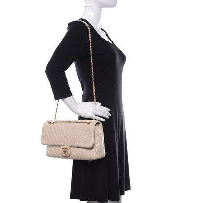Chanel Calfskin Surpique Chevron Large Flap Beige 2 of 19