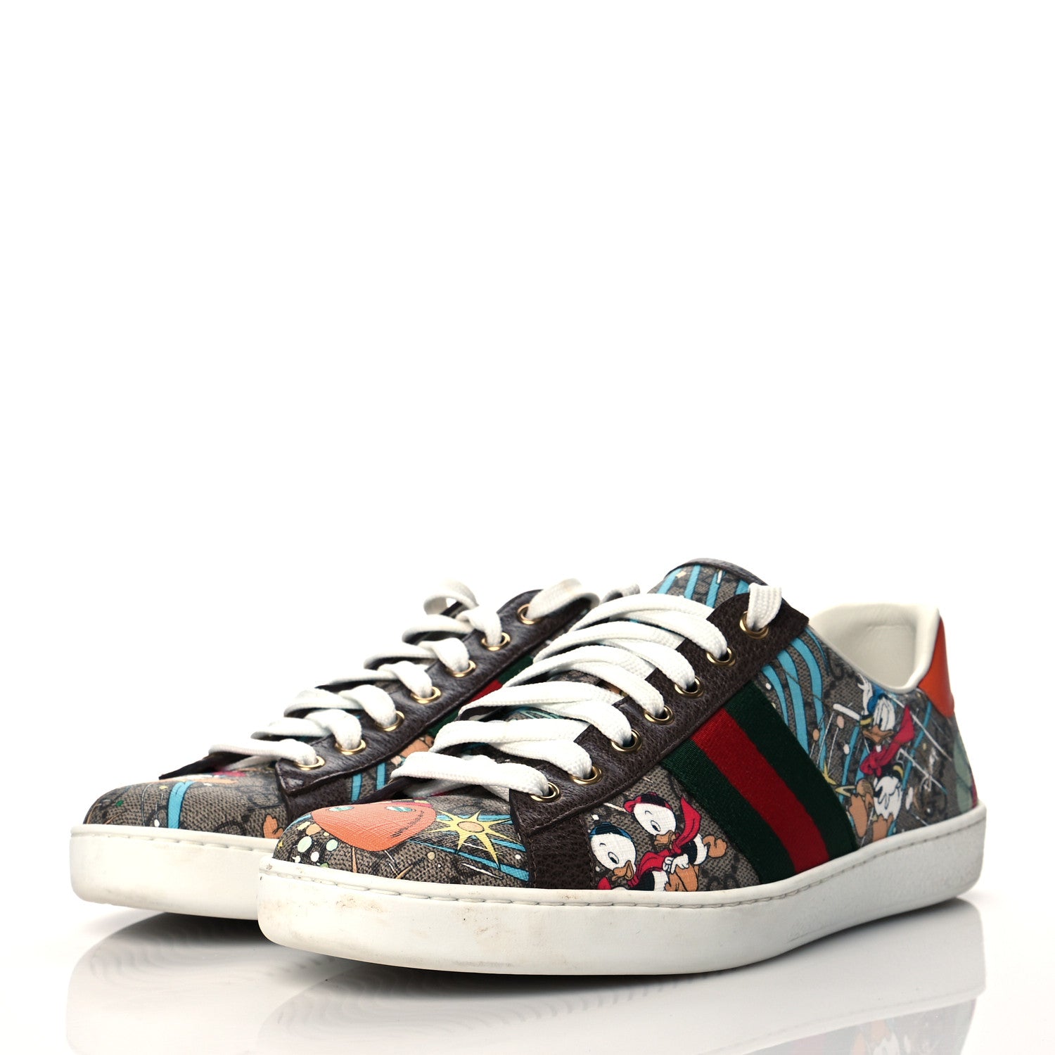 Gucci X DISNEY GG Supreme Monogram Web Donald Duck Ace Sneakers 8 Beige New Acero Orange 3 of 9
