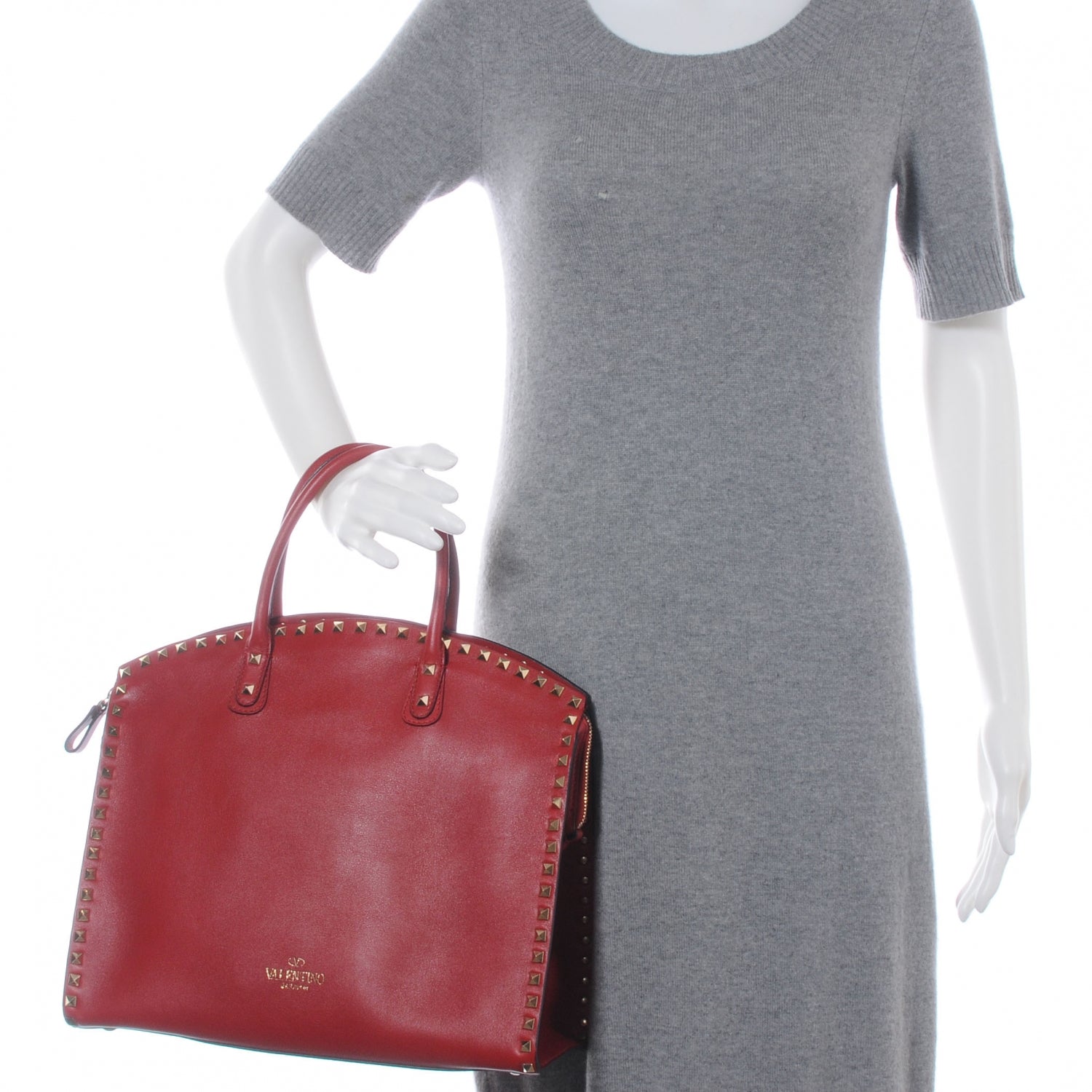 Valentino Garavani Leather Rockstud Dome Shopper Red 2 of 7