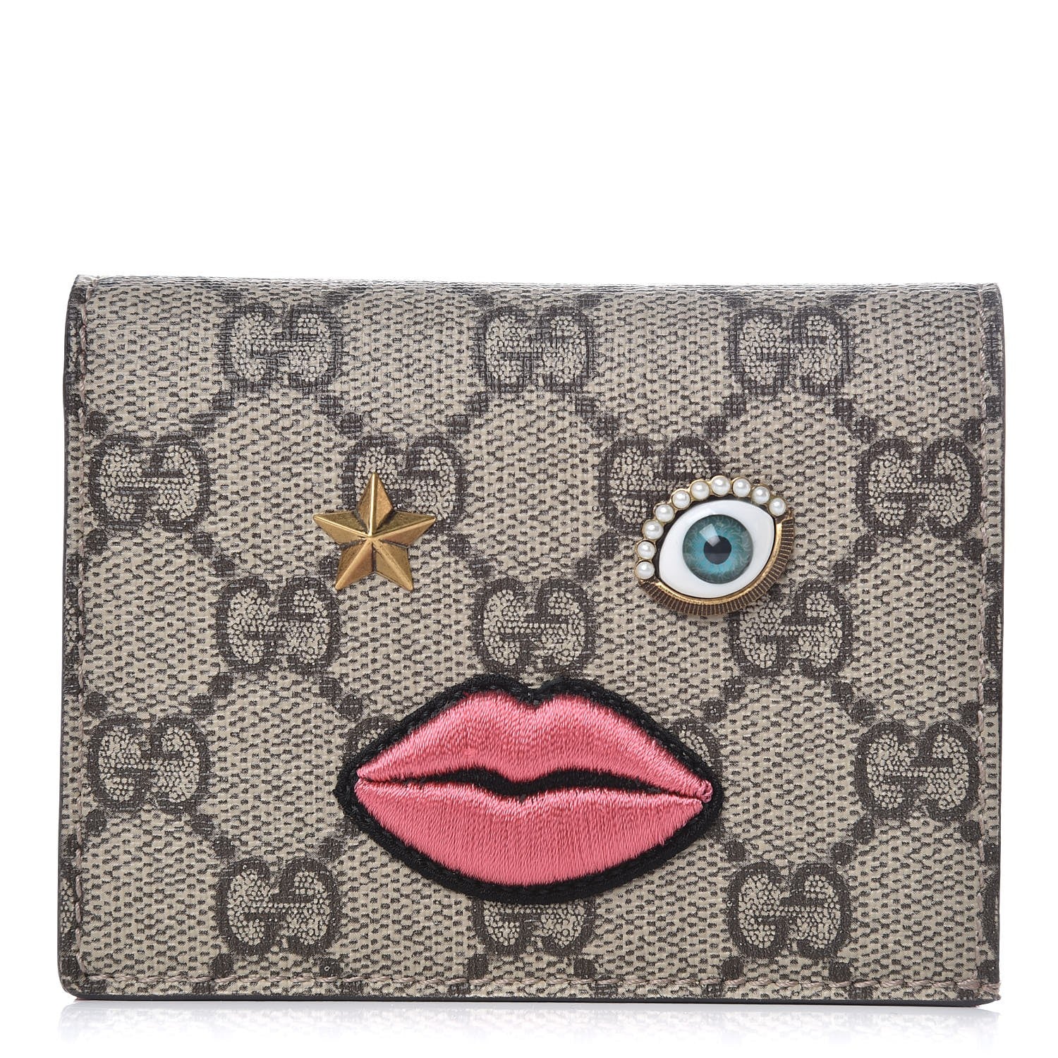 Gucci GG Supreme Monogram Face Embroidered Card Case Wallet Pink 1 of 8