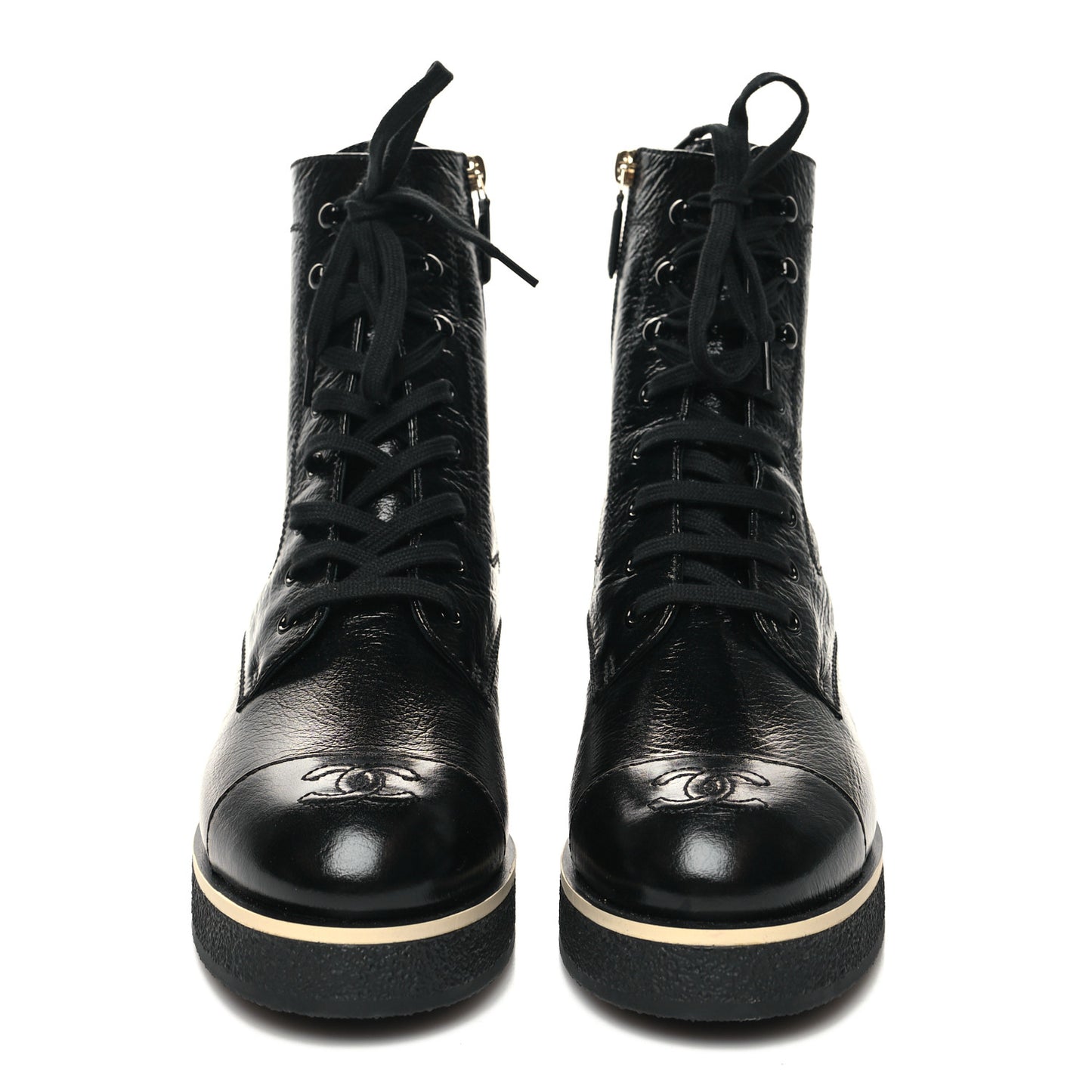 Shiny Crumpled Lambskin Lace Up Combat Boots 40.5 Black