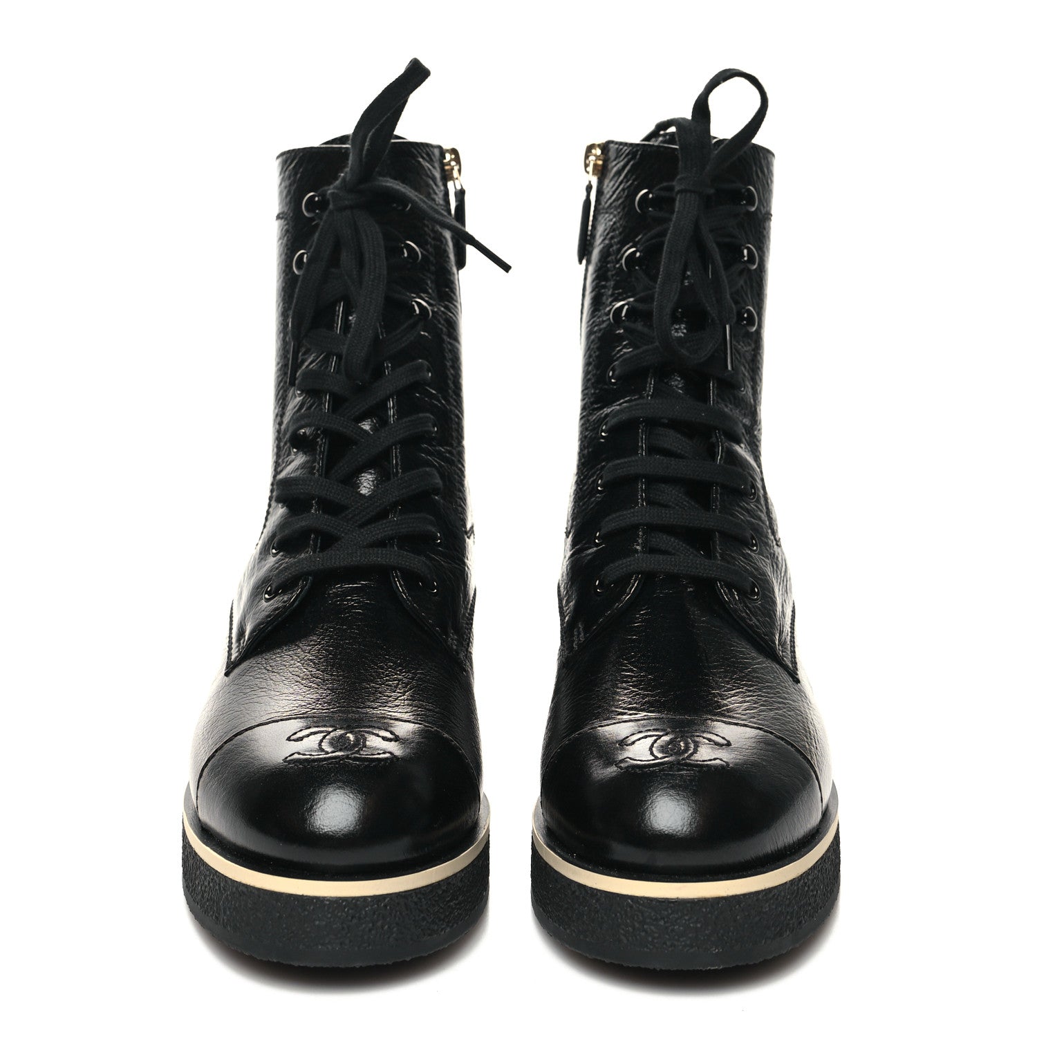 Chanel Shiny Crumpled Lambskin Lace Up Combat Boots 40.5 Black 2 of 8