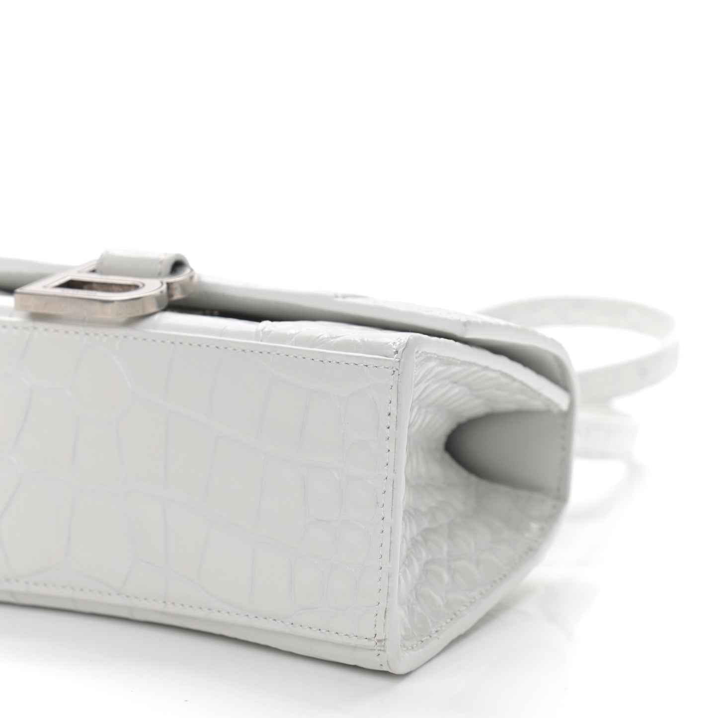 Shiny Calfskin Crocodile Embossed Hourglass Top Handle Bag XS White