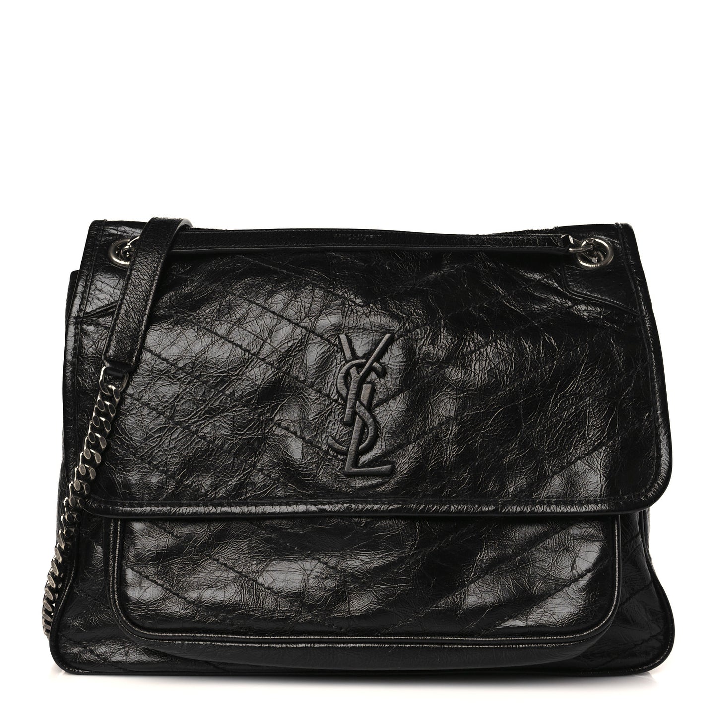 Crinkled Calfskin Matelasse Monogram Large Niki Chain Satchel Black