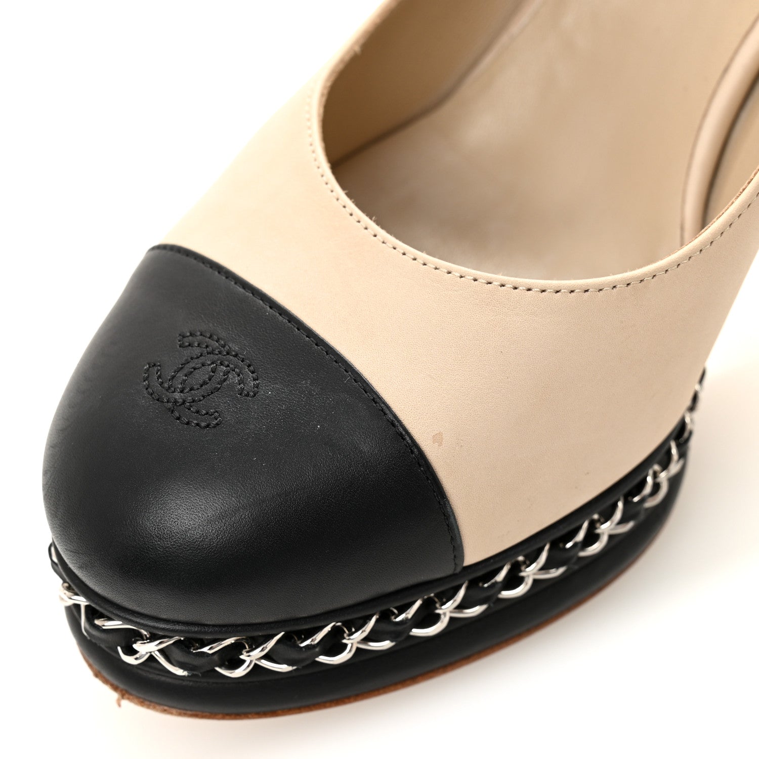 Chanel Calfskin CC Cap Toe Platform Chain Pumps 39 Beige Black 11 of 13