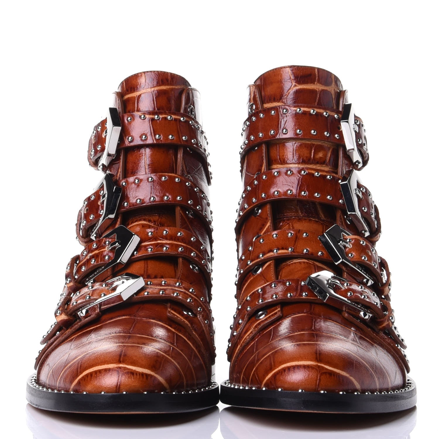 Givenchy Crocodile Embossed Calfskin Studded Elegant Flat Bootie 38.5 Brown 2 of 10