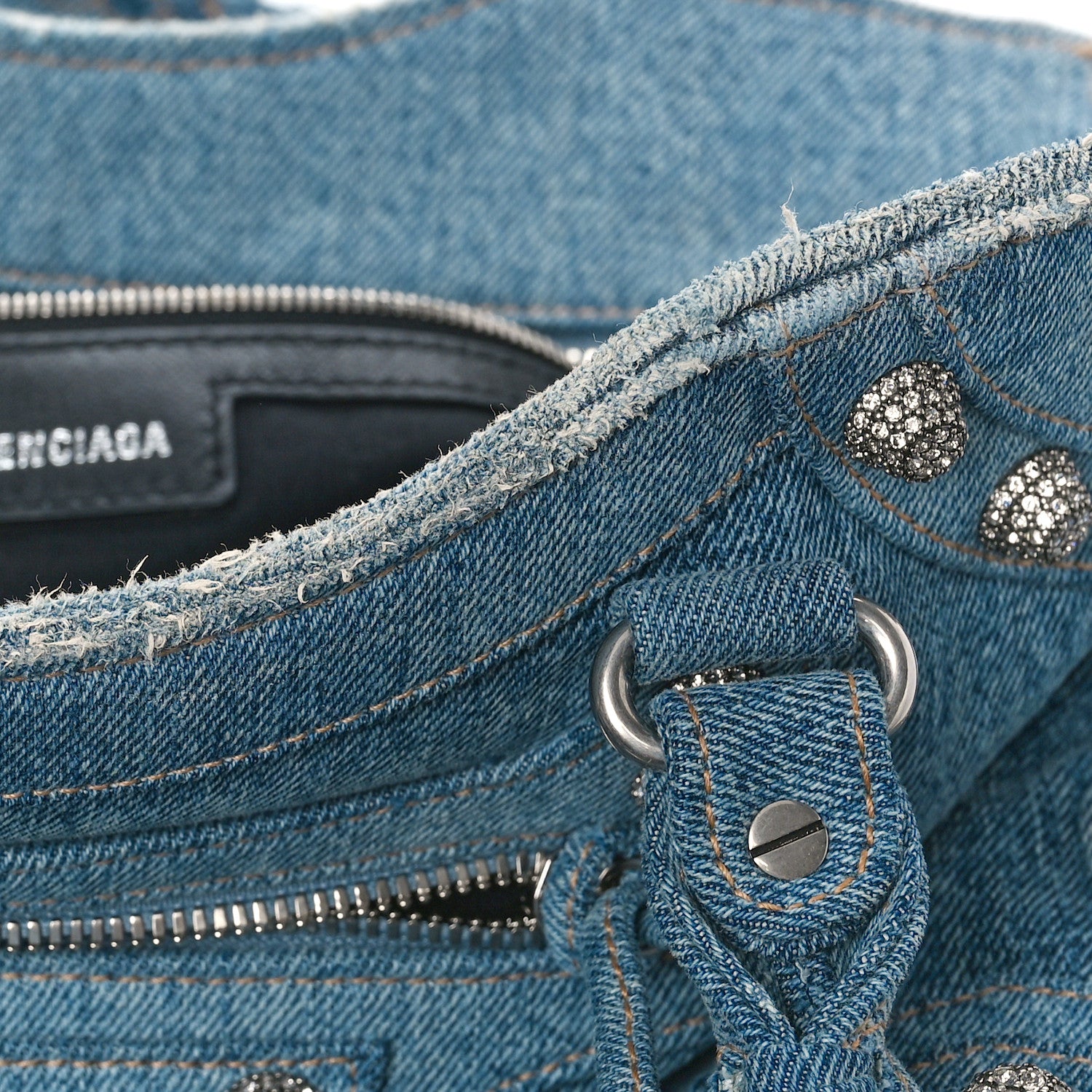 Balenciaga Washed Frayed Denim Crystal Neo Cagole City Handbag Blue 11 of 11