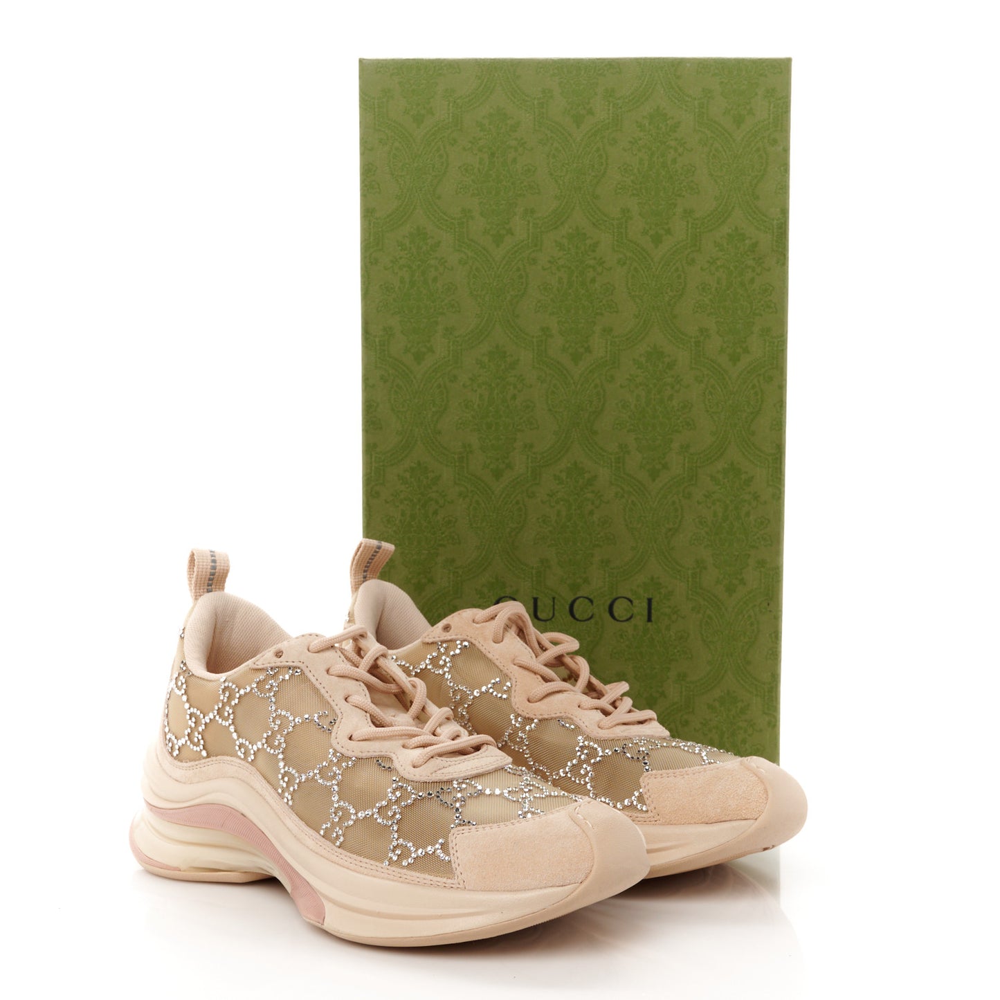 Tela Retino Mesh Crystal Suede GG Monogram Womens Gucci Run Sneakers 36.5 Light Powder Skin Rose Silver