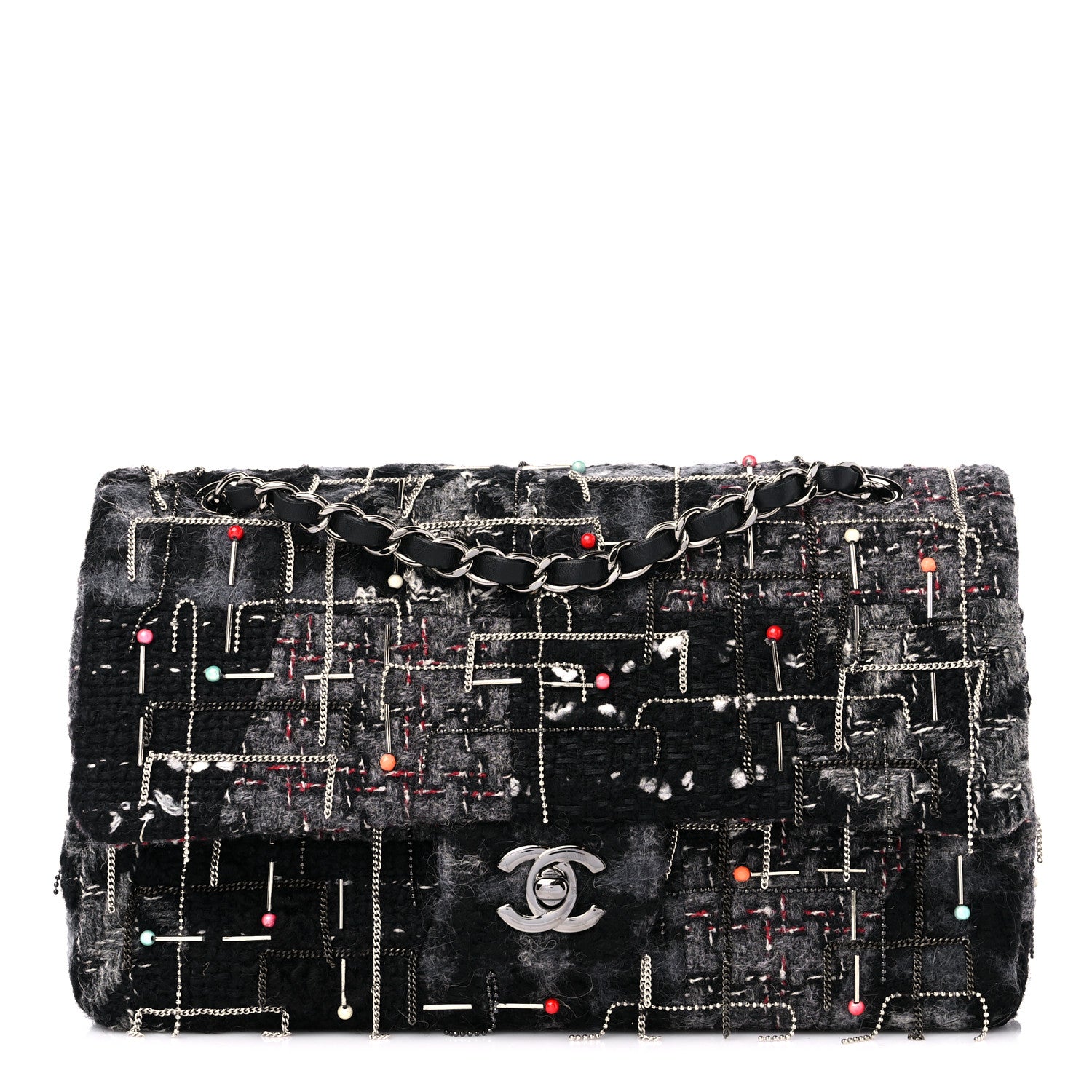 Chanel Tweed Quilted Chain Embellished Medium Double Flap Black Multicolor 1 of 9