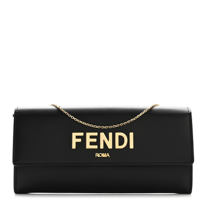 Fendi Vitello Kyoto Metal Fendi Roma Logo Chain Continental Wallet Black 1 of 10