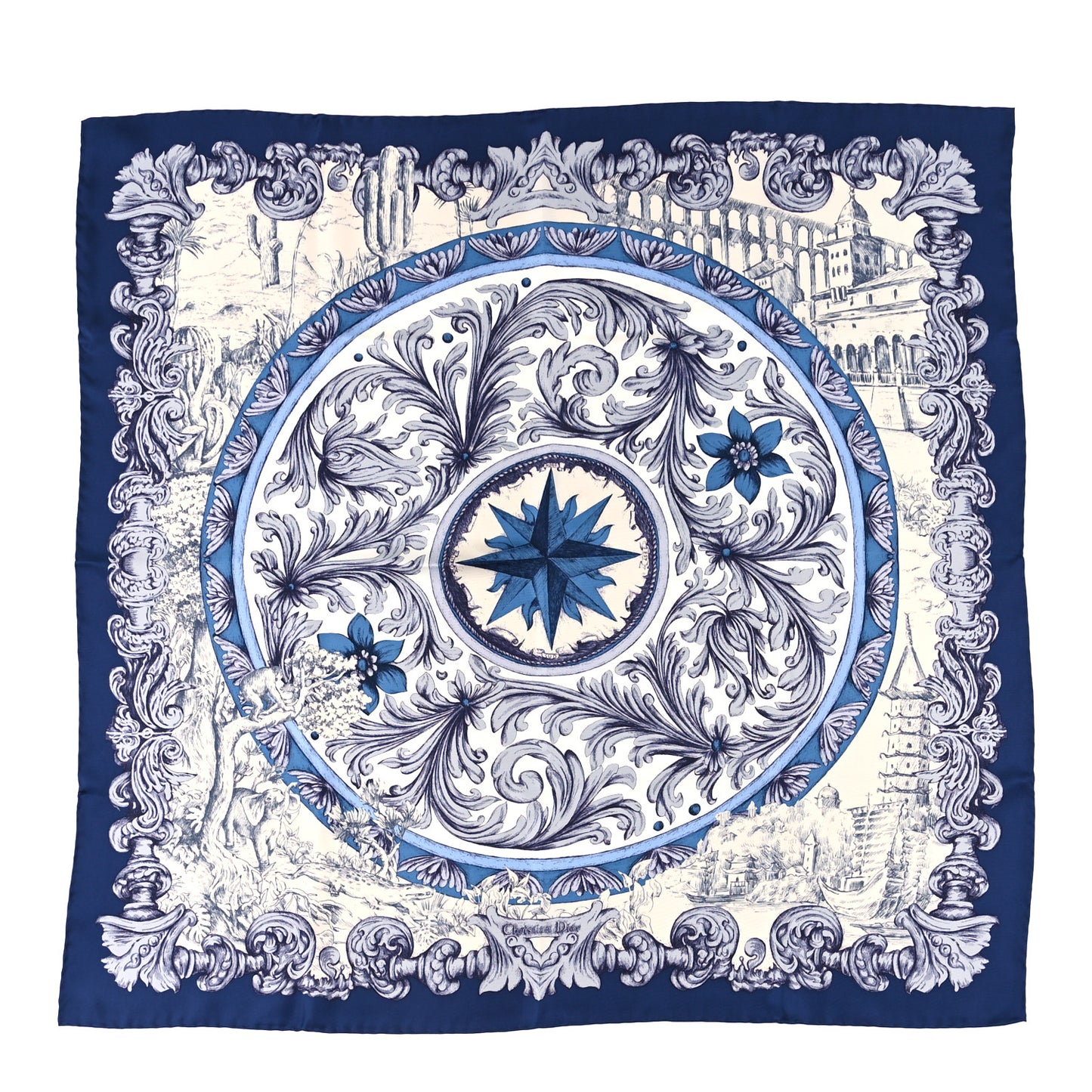 Silk Rose Des Vents Square Scarf Royal Blue White