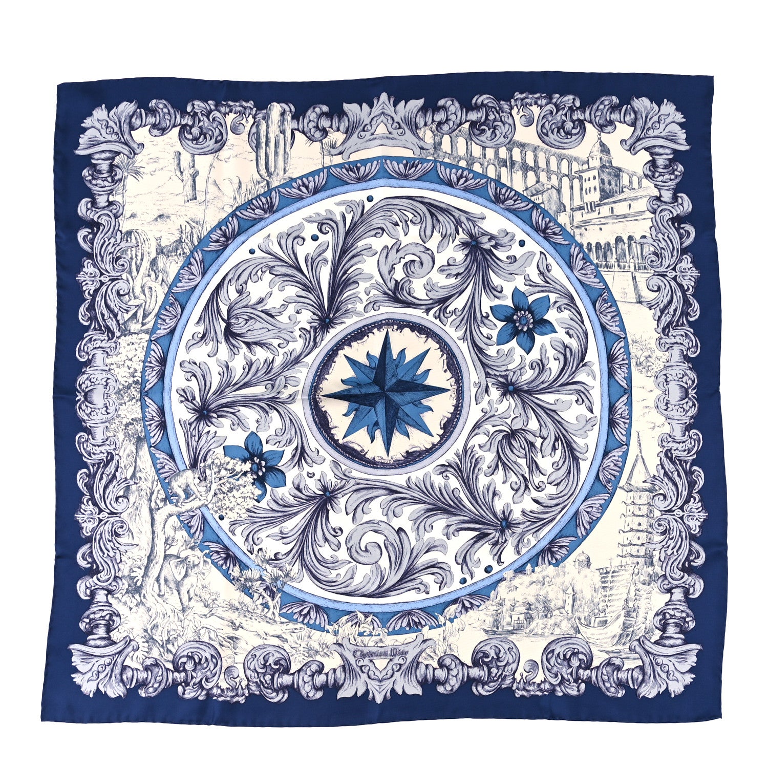 Christian Dior Silk Rose Des Vents Square Scarf Royal Blue White 1 of 3