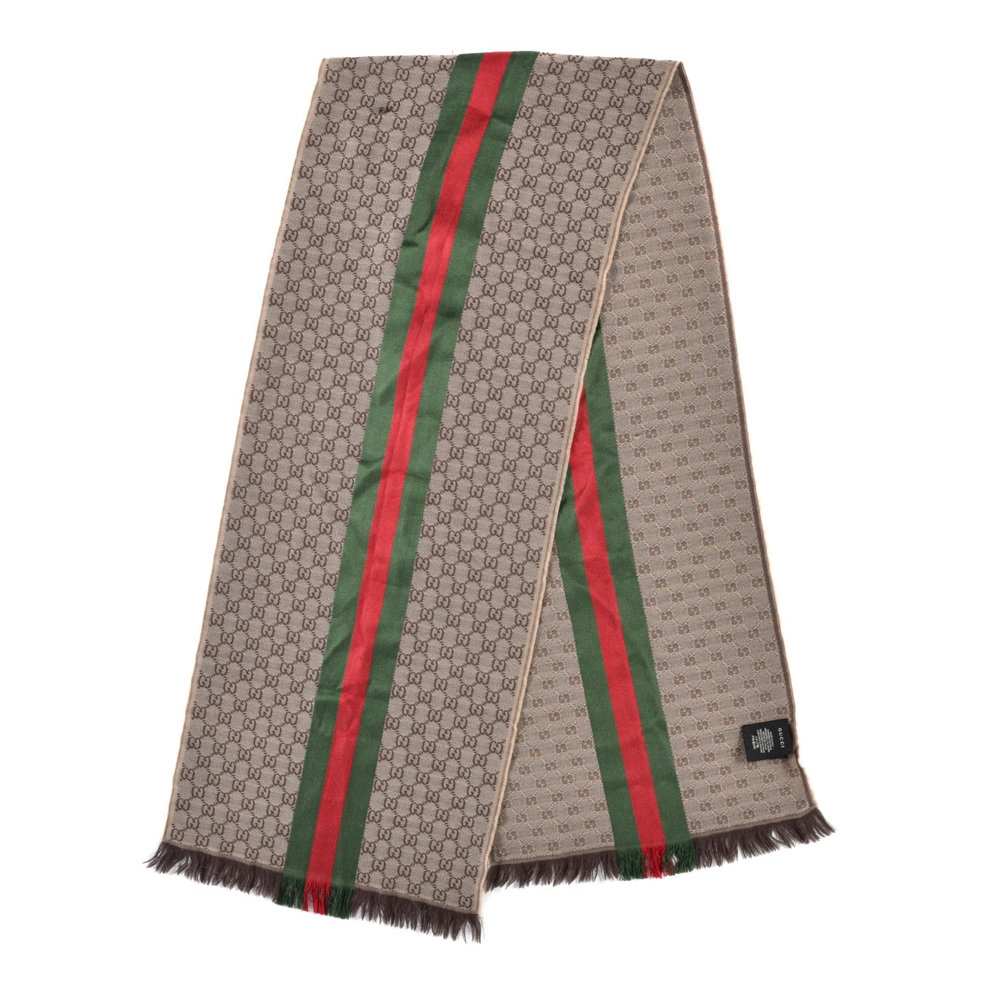 Wool Silk GG Monogram Web Verbier Fringe Scarf Light Brown Dark Green