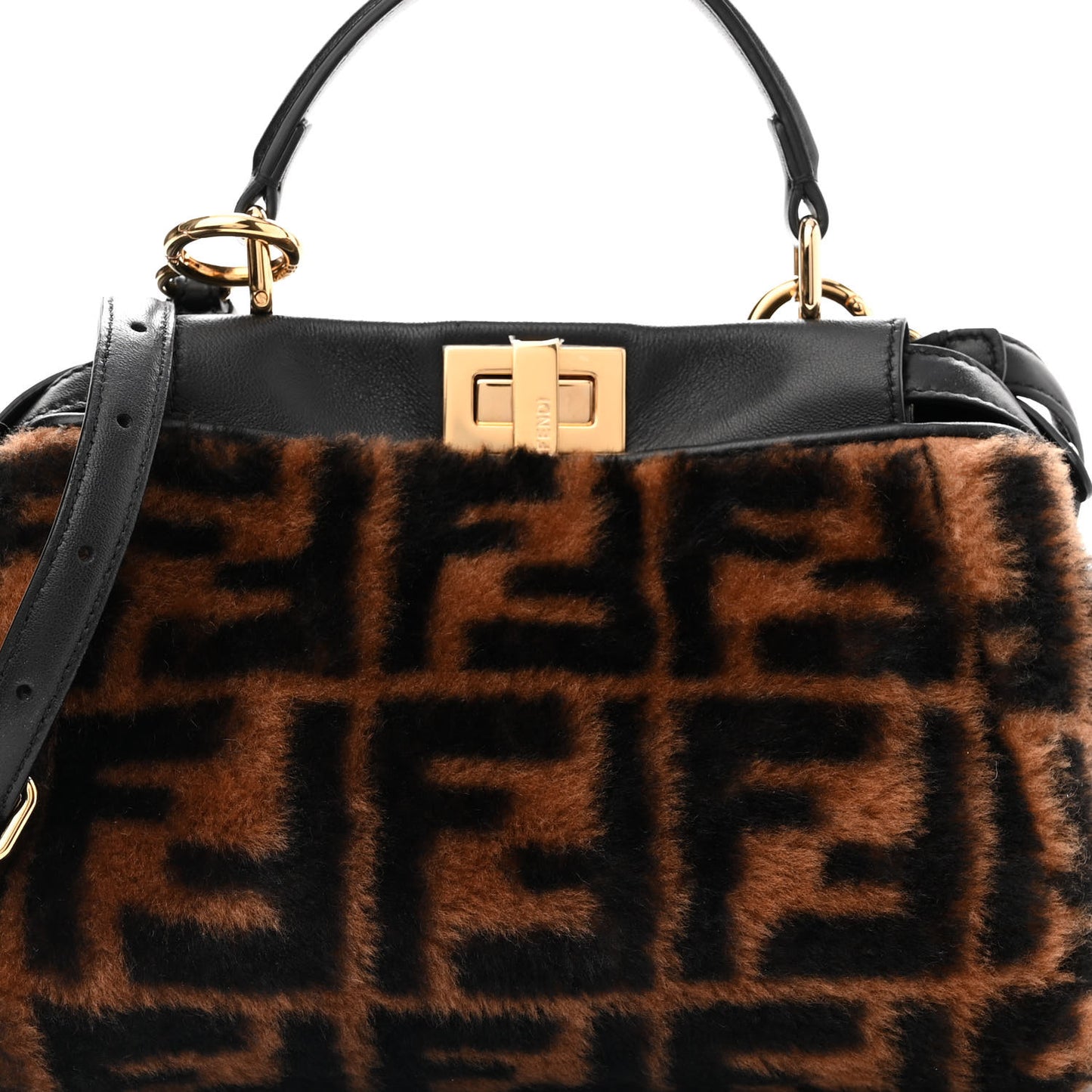 Shearling Nappa Macro FF 1974 Mini Peekaboo Iconic Satchel Tobacco Black