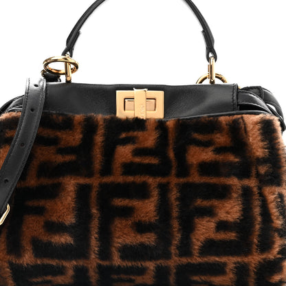 Fendi Shearling Nappa Macro FF 1974 Mini Peekaboo Iconic Satchel Tobacco Black 9 of 15