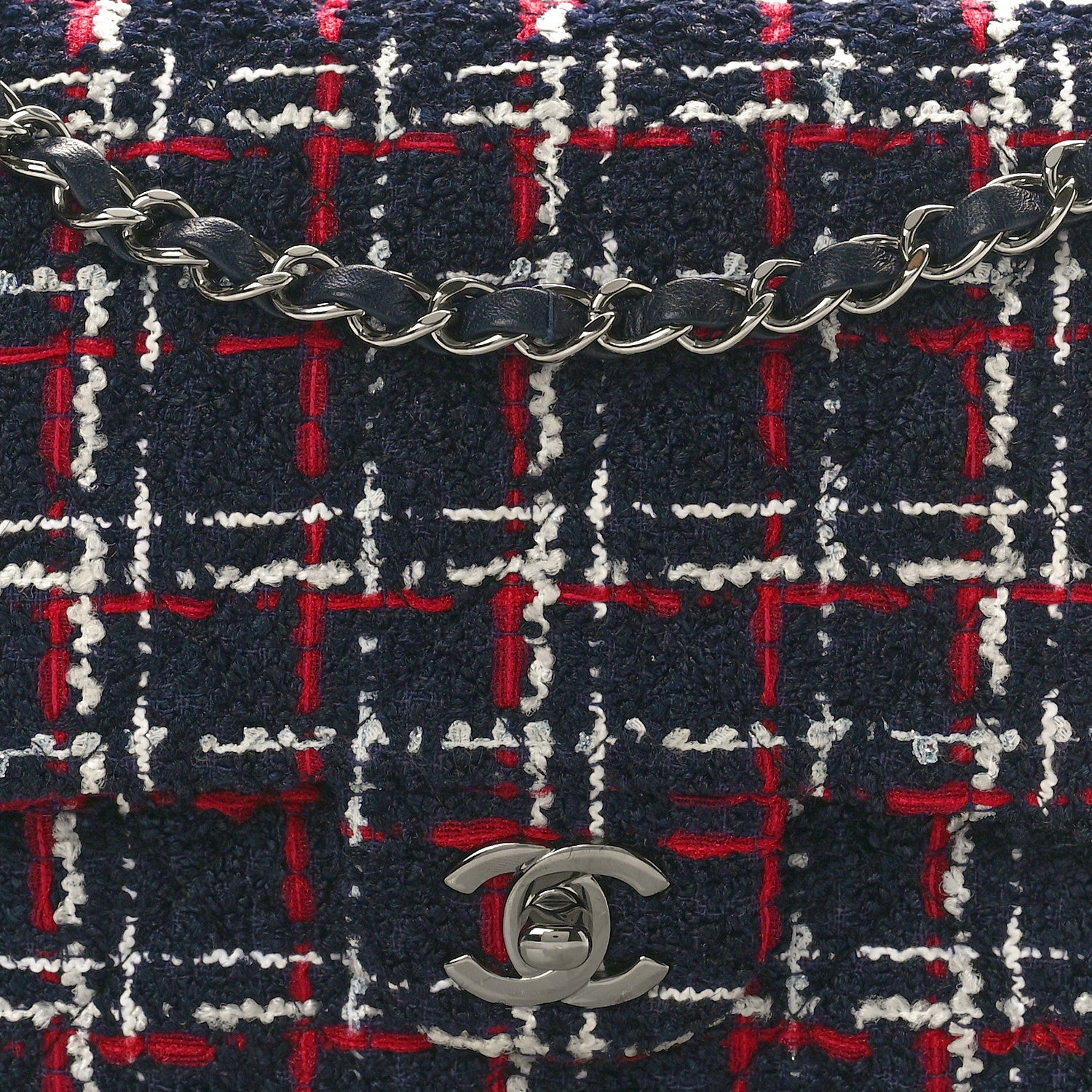 Chanel Tweed Quilted Medium Double Flap Navy White Red 8 of 10