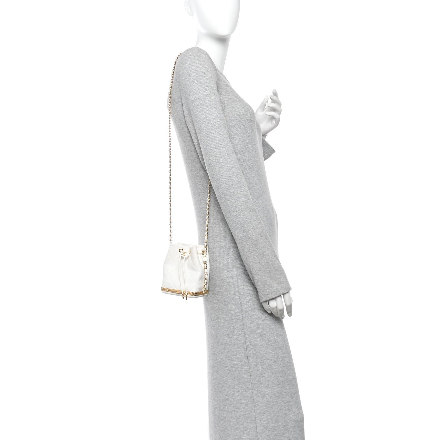 Metal Lambskin Quilted Small Chain Bucket Bag White