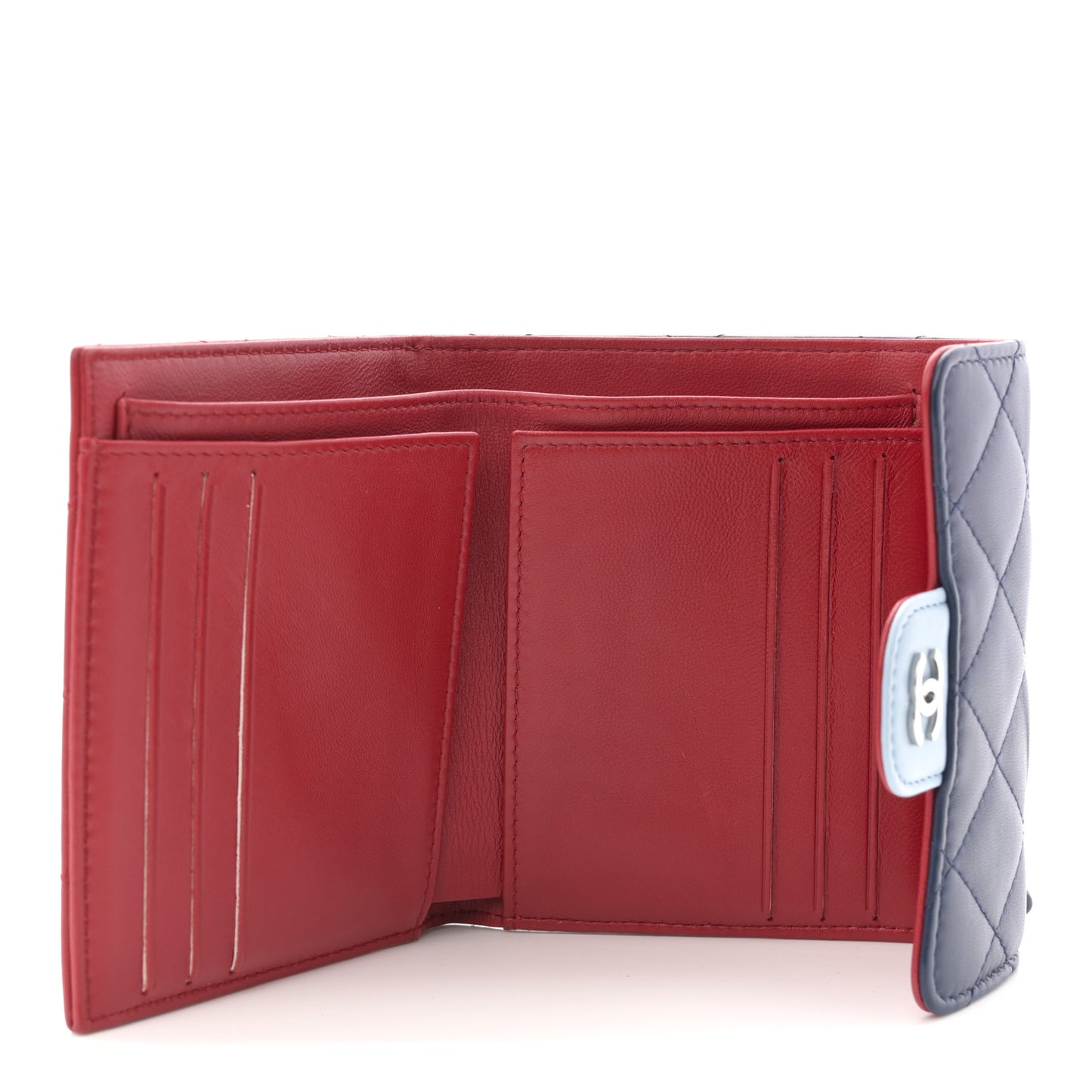 Lambskin Quilted Tri-Color Compact Flap Wallet Navy Blue Red