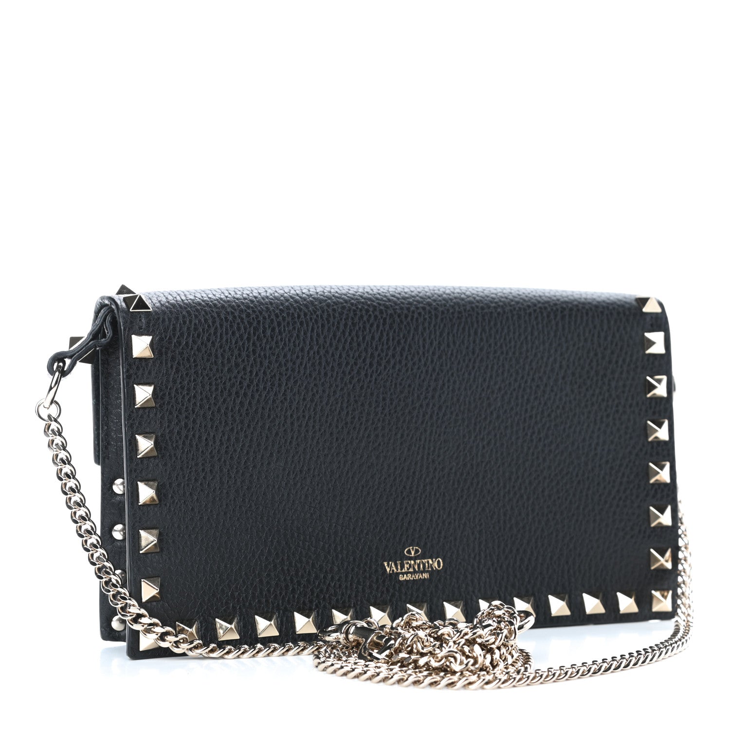 Valentino Garavani Pebbled Calfskin Rockstud Flap Wallet On Chain Black 2 of 4