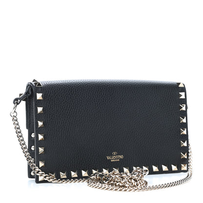 Valentino Garavani Pebbled Calfskin Rockstud Flap Wallet On Chain Black 2 of 4