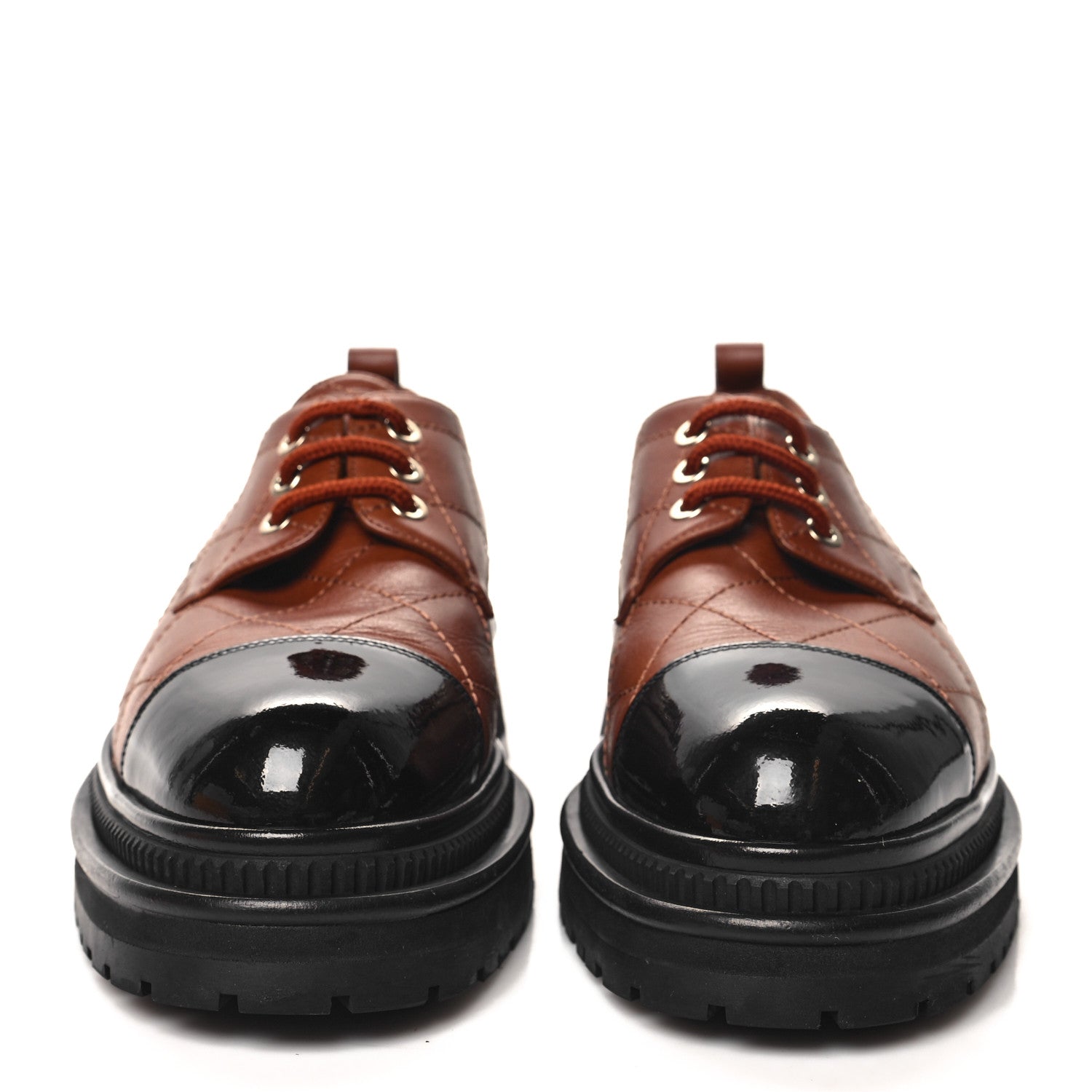 Chanel Calfskin Patent Stitched Cap Toe Lace Up Oxfords 36.5 Brown Black 2 of 11