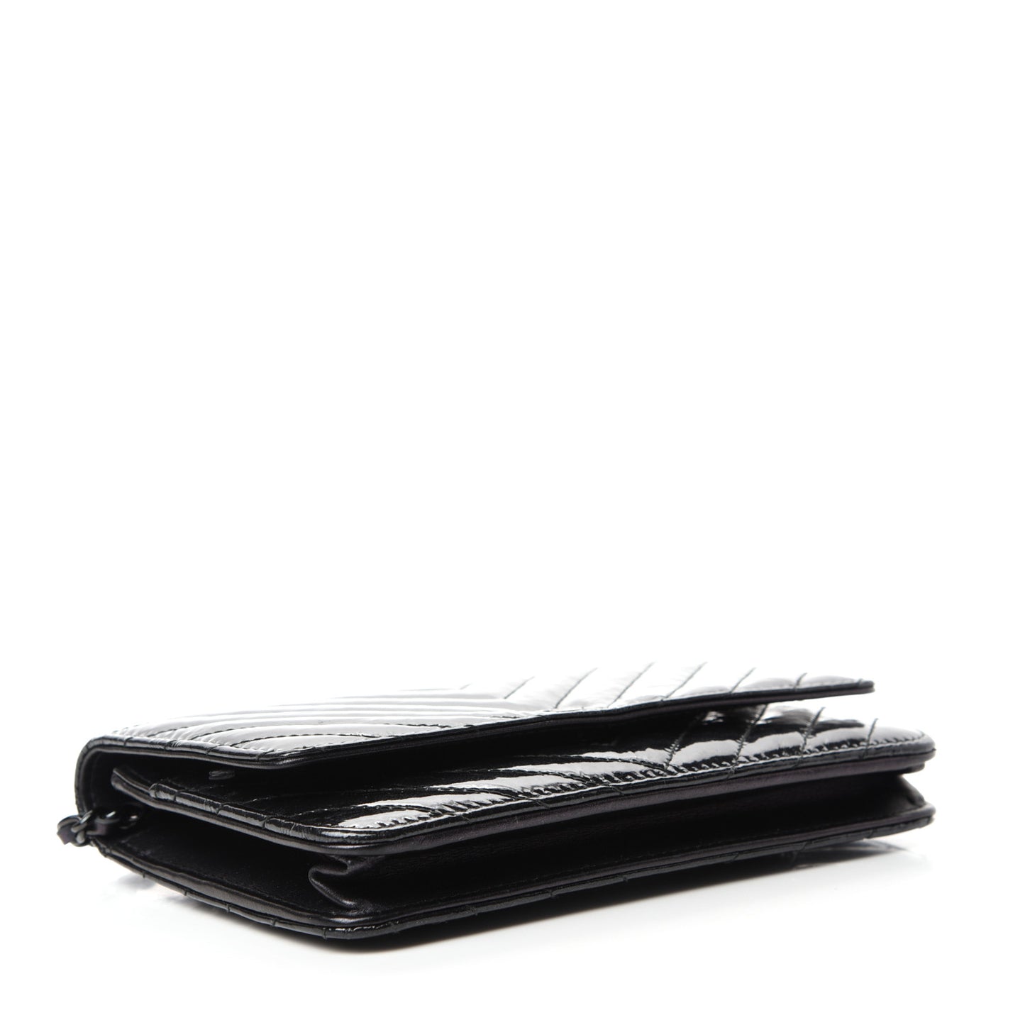 Patent Metallic Crumpled Calfskin Chevron Quilted Wallet On Chain WOC Black