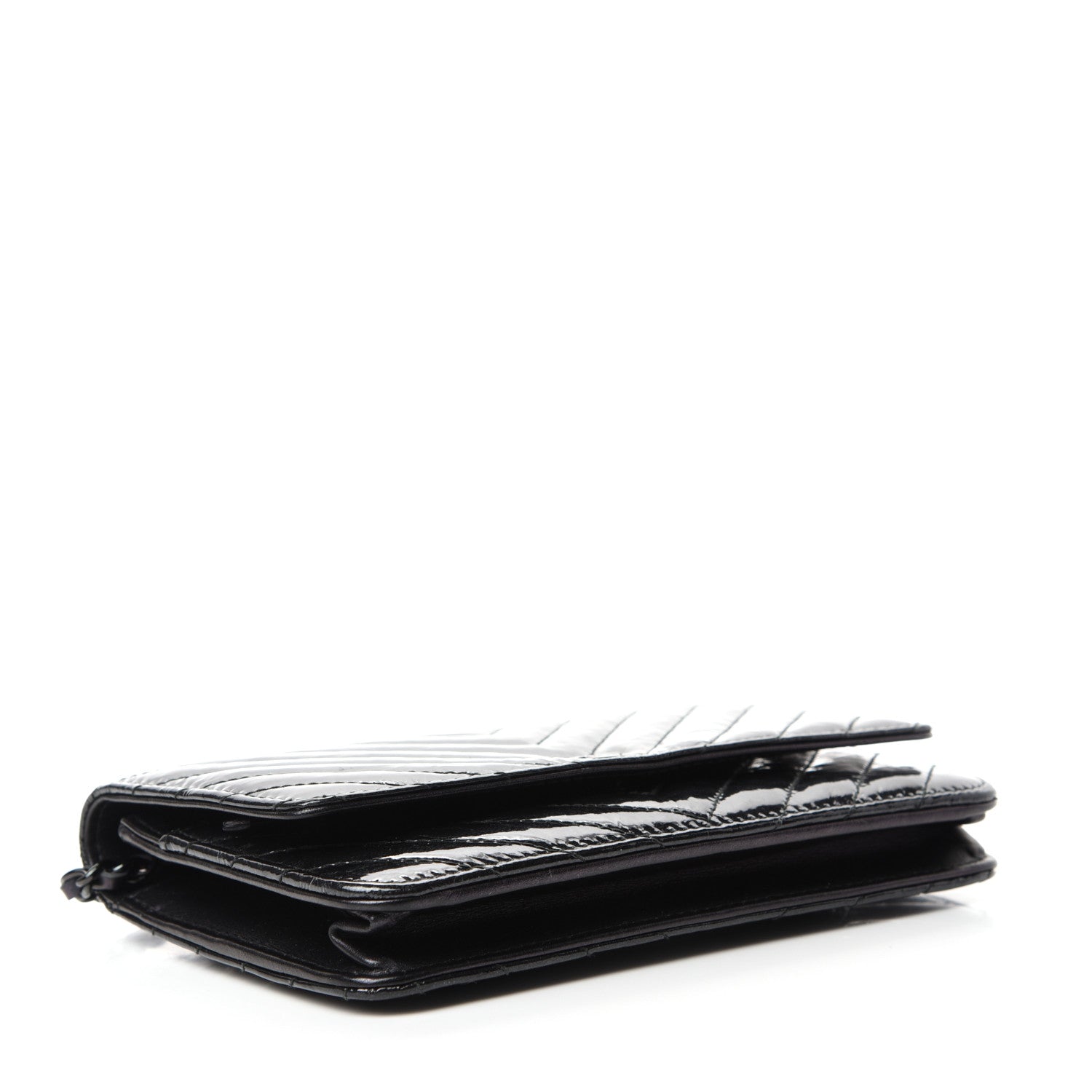 Chanel Patent Metallic Crumpled Calfskin Chevron Quilted Wallet On Chain WOC Black 4 of 14