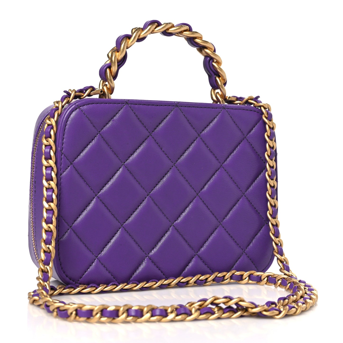Lambskin Quilted Top Handle Small Vanity Case Purple