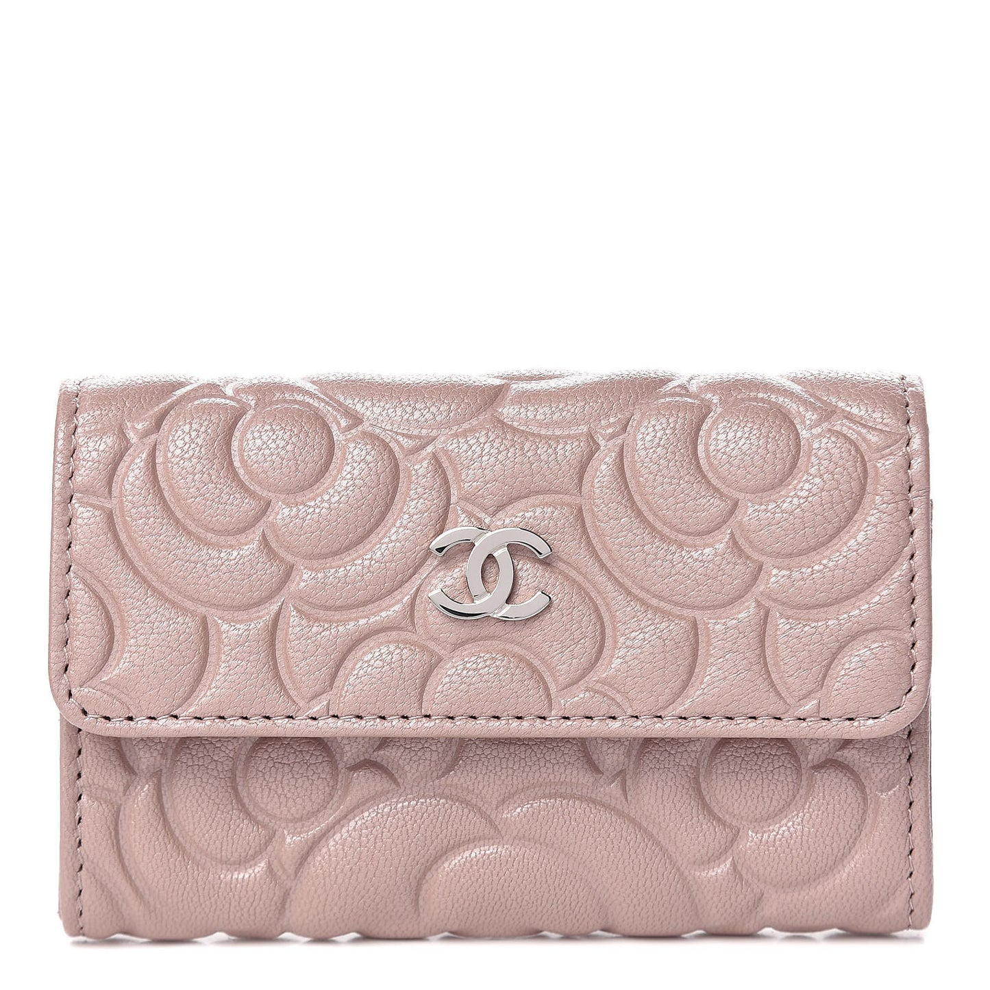 Goatskin Camellia Embossed Card Holder Wallet Light Pink