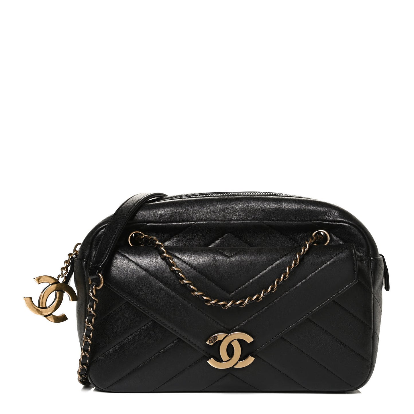 Lambskin Chevron Quilted Coco Envelope Flap Camera Case Black