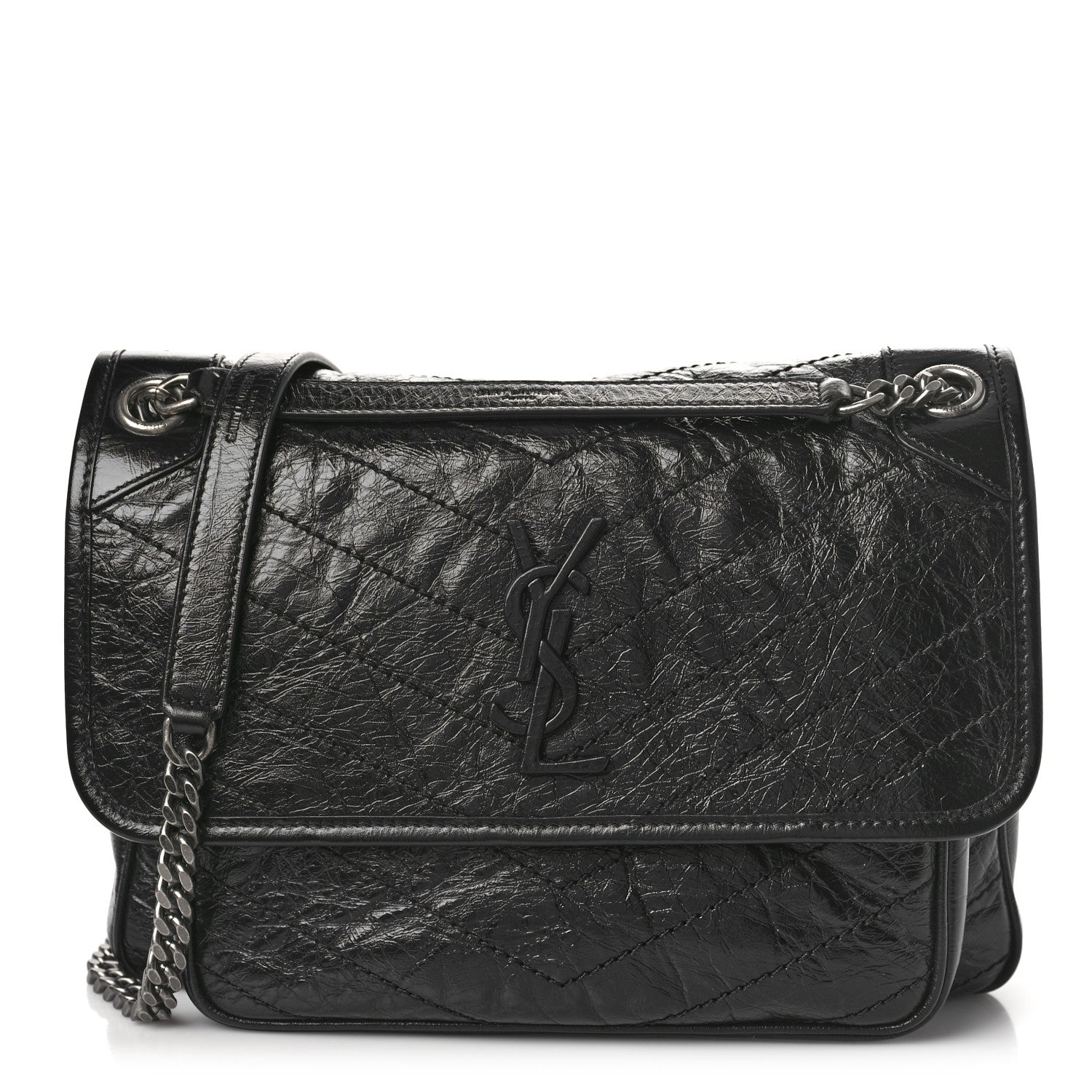 Saint Laurent Crinkled Calfskin Matelasse Monogram Medium Niki Chain Satchel Black 1 of 8