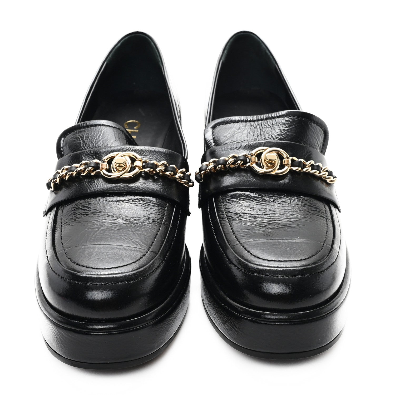 Chanel Shiny Calfskin Logo Loafers 36.5 Black 3 of 9