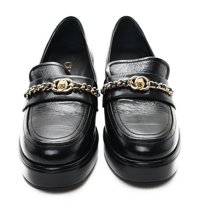 Chanel Shiny Calfskin Logo Loafers 36.5 Black 3 of 9