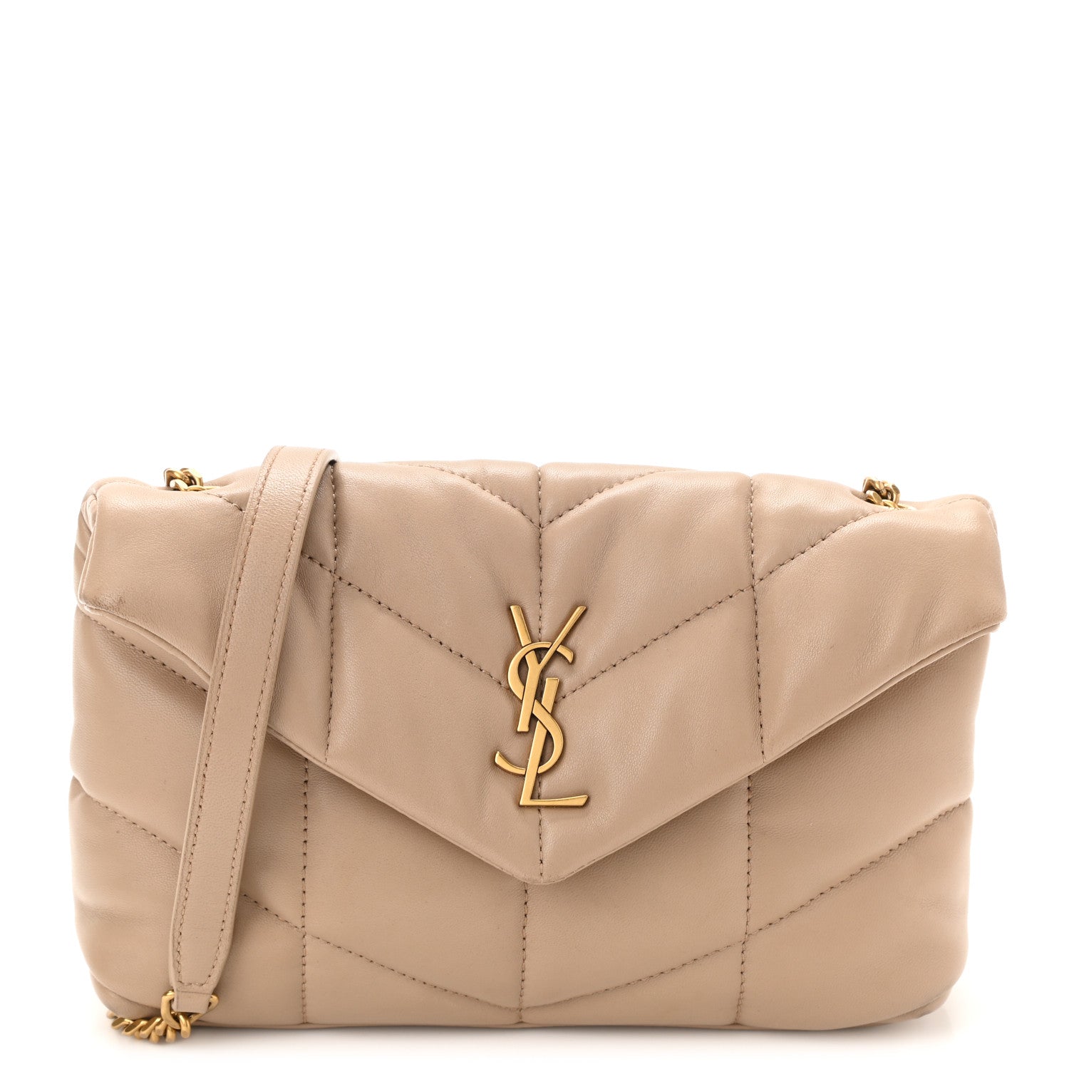 product image of SAINT LAURENT Lambskin Quilted Mini Loulou Puffer Monogram Chain Satchel Dark Beige FASHIONPHILE