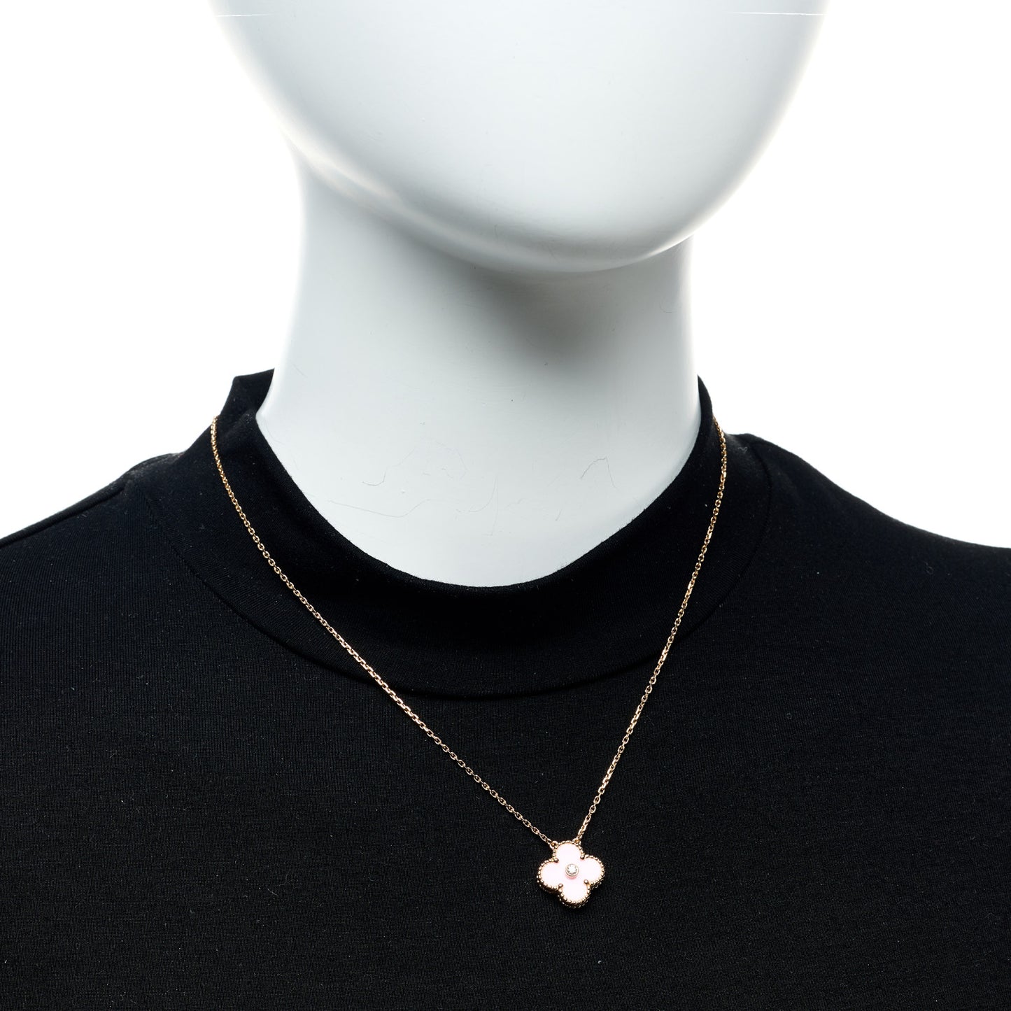18K Rose Gold Diamond Pink Porcelain Vintage Alhambra Pendant Necklace