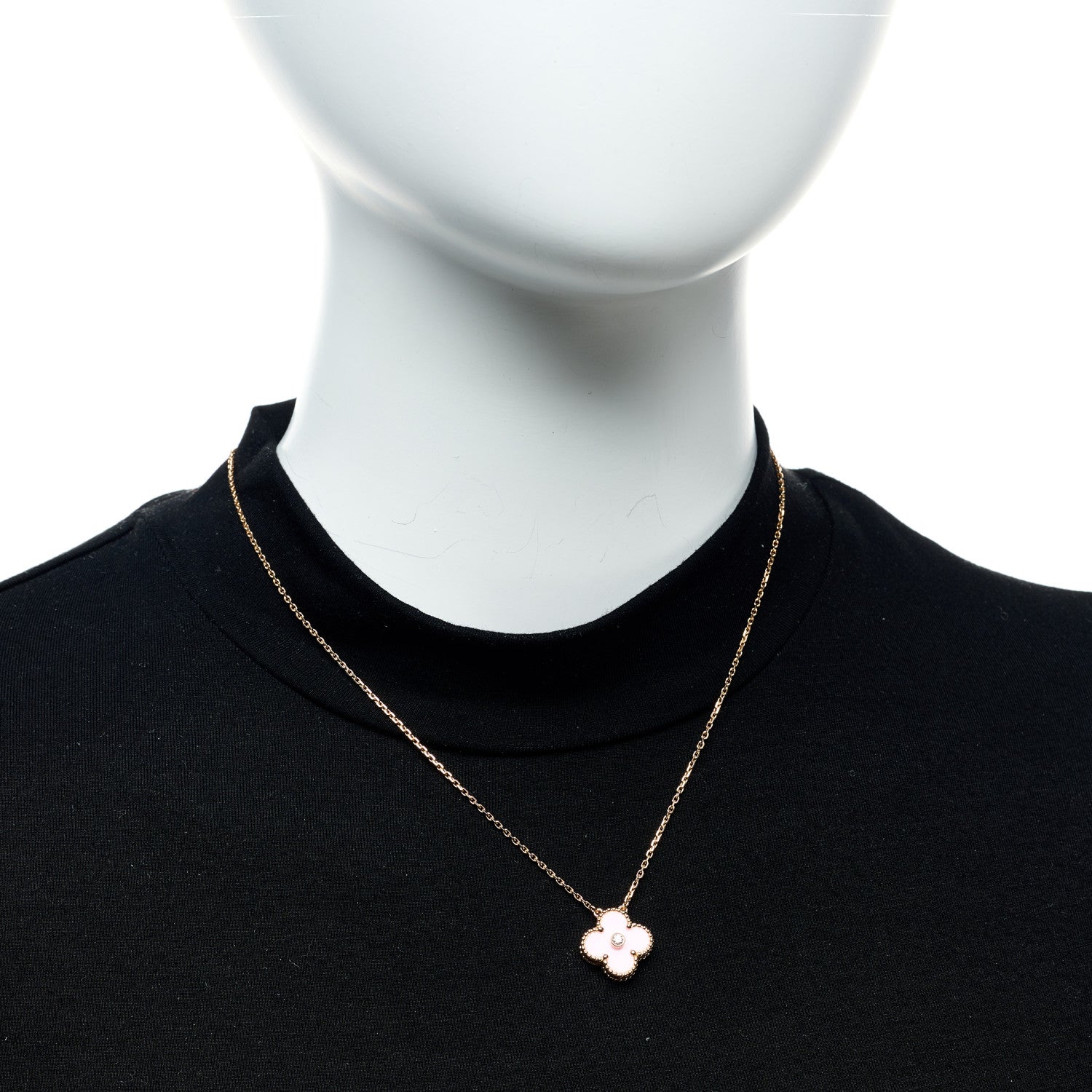 Van Cleef & Arpels 18K Rose Gold Diamond Pink Porcelain Vintage Alhambra Pendant Necklace 2 of 6